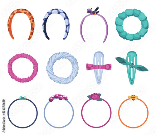 Hair accessorie headband set. Illustration of accessory for care and clip hairnine. Woman hair fashion items. Elastic bands bows and hoops