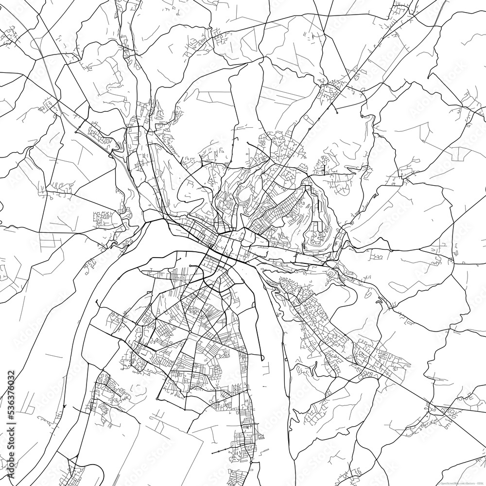 Area map of Rouen France with white background and black roads