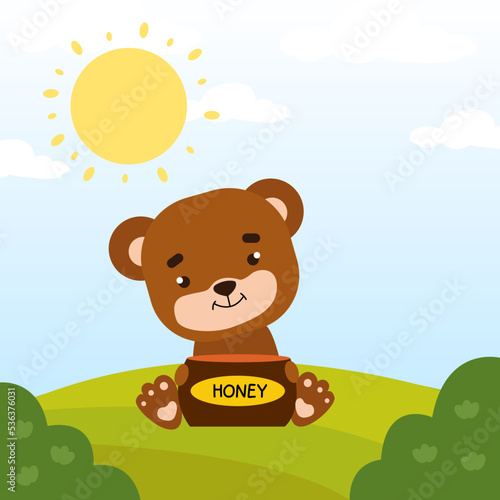 Baby bear sits and hugs a barrel of honey. On a wooden barrel the inscription Honey. Drawn in cartoon style. Vector illustration for designs, prints, and patterns.
