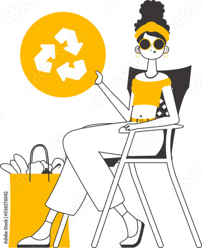 Girl, package with products and eco logo. The concept of reasonable consumption. Linear trendy style. Isolated on white background. Vector illustration.