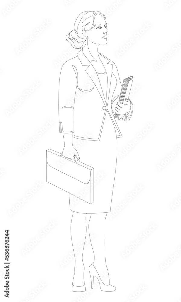 Silhouettes of a girl stands in a modern single line style. Business woman with documents. Continuous line, aesthetic decoration outline, posters, stickers, logo. Vector illustration. Silhouettes of a girl stands in a modern single line style. Business woman with documents. Continuous line, aesthetic decoration outline, posters, stickers, logo. Vector illustration.