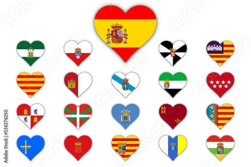 Banderas de las comunidades autónomas españolas en corazones photo