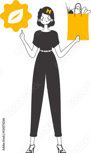 Girl, package with products and eco logo. The concept of reasonable consumption. Lineart trendy style. Isolated on white background. Vector illustration.