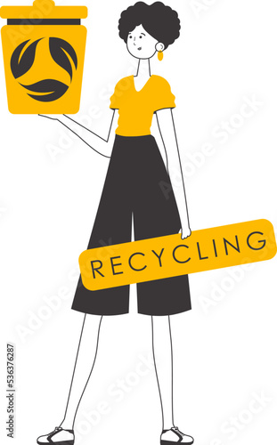 A woman is holding a trash can. Waste recycling concept. Linear modern style. Isolated on white background. Vector illustration.