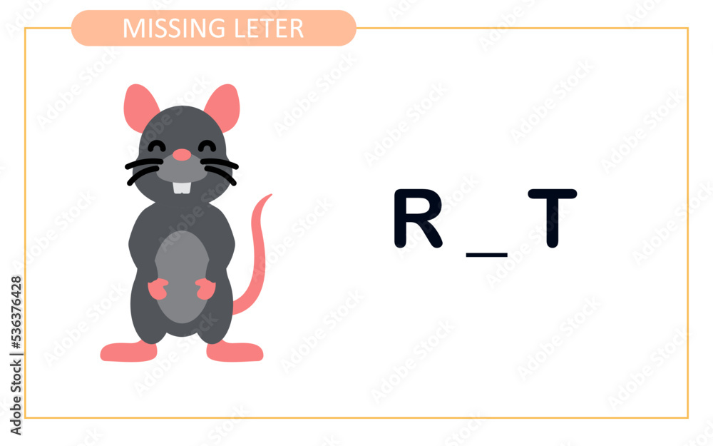 Find missing letter with rat spelling. spelling game for kids. activity worksheet for kids.