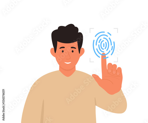 Fingerprint scan. Male character scanning their finger. Biometric technology. Vector illsutration of Fingerprint scanning app.