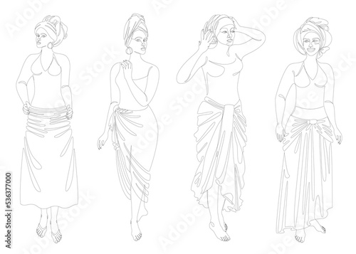 Collection. Silhouette of a beautiful girl. Lady in a turban and national clothes. Woman in modern one line style. Solid line, decor outline, posters, stickers, logo. Vector illustration set.