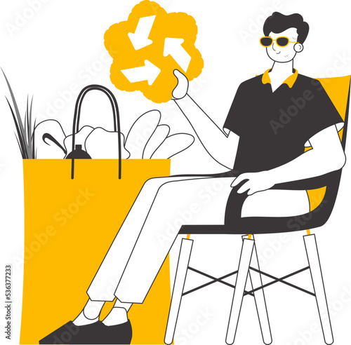 A man, a package with products and an eco logo. The concept of reasonable consumption. Linear modern style. Isolated on white background. Vector illustration.