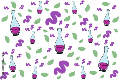 Herbal medicine glass bottle pattern background, Potion shop background, Purple background, Leaf background.