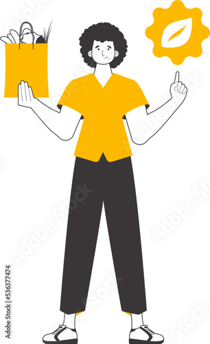 A man, a package with products and an eco logo. The concept of reasonable consumption. Lineart trendy style. Isolated on white background. Vector illustration.