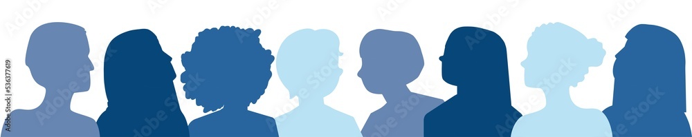 PNG. Ilustración siluetas azules de retratos tipo cartoon de personas diversas juntas. Armonías de color paleta fría.