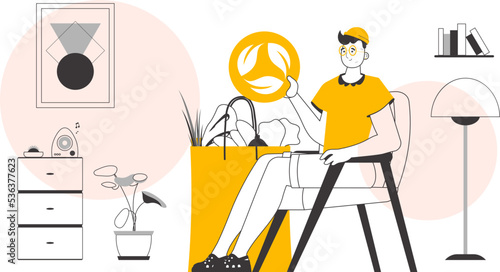 The concept of reasonable consumption. Guy, package with groceries and eco logo. Lineart trendy style.