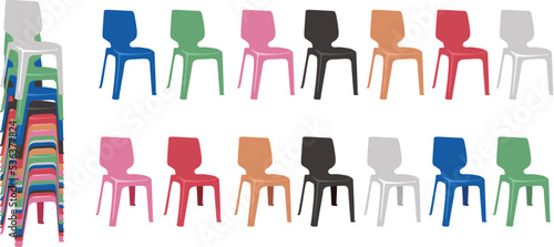 Stackable plastic chairs for outside events\conferences. Bright chairs could be in rows or piles in any order.
