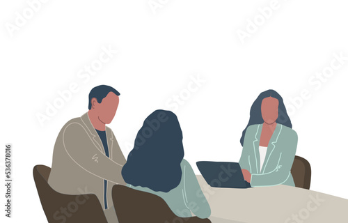 People during the meeting. Discussion. Conversation. Office workers are sitting at the table in the office. HR interview. Vector illustration