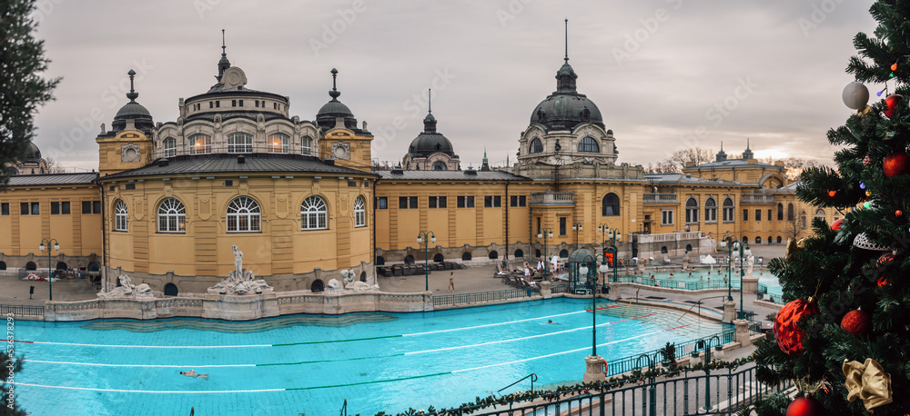 Courtyard of Szechenyi Baths, Hungarian thermal bath complex and spa treatments. New year BUDAPEST, HUNGARY