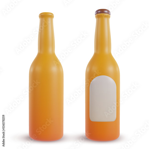 3d realistic beer bottle with empty label isolated on white background. Set design elements in modern cartoon style. Minimal vector illustration.