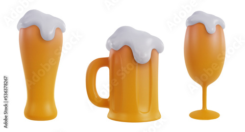 Collection 3d realistic beer glasses various form isolated on white background. Set design elements in modern cartoon style. Vector illustration.