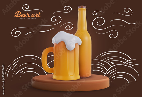 Beer bottle and mug in 3d realistic style with funny doodle hand drawn elements. Creative cartoon design composition in modern style. Template for banner, cover, poster. Vector illustration.