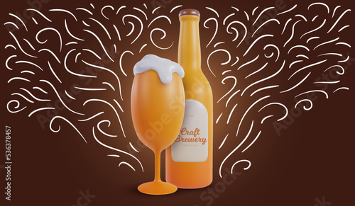 Beer bottle and glass in 3d realistic style with funny doodle hand drawn elements. Creative cartoon design composition in modern style. Template for banner, cover, poster. Vector illustration.