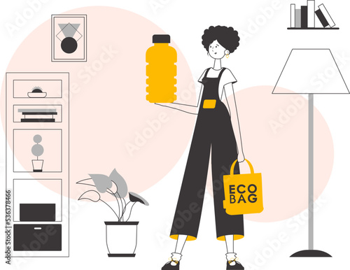 The girl holds in her hands an eco bag and a bottle made of biodegradable plastic. The concept of reasonable consumption. Linear style.