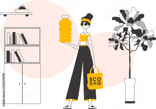 The girl holds in her hands an eco bag and a bottle made of biodegradable plastic. The concept of reasonable consumption. Linear trendy style.