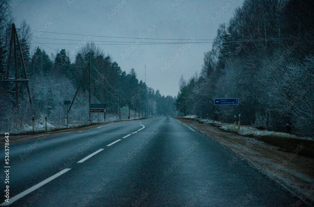 highway in the winter evening