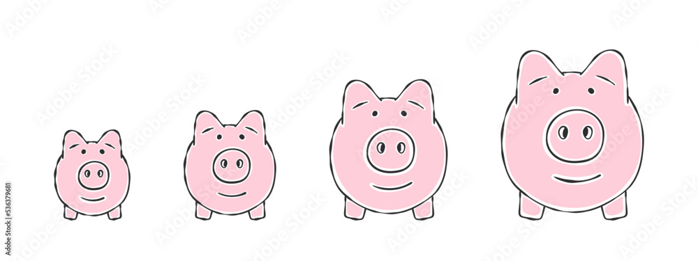 Piggy banks. Piggy banks from small to large. Hand drawn image. Vector illustration Piggy banks. Piggy banks from small to large. Hand drawn image. Vector illustration
