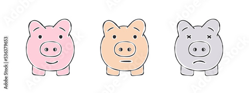 Drawn pigs. Piggy banks. Three little pigs with different emotions. Vector illustration