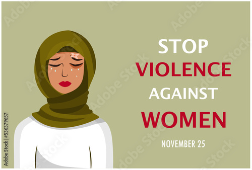 The girl in the headscarf is crying. Protest against violence and aggression against women. Vector stock illustration. Green background. International Women's Day. Muslim