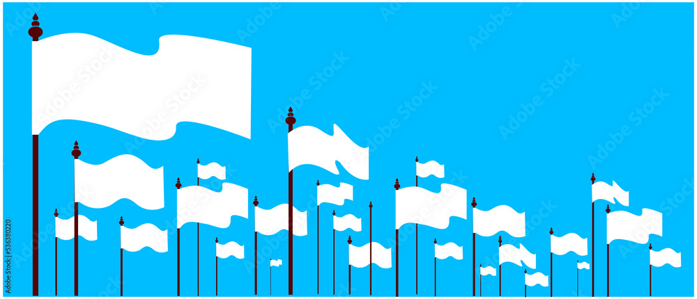 Fototapeta premium White flags on blue sky. Peace white flags vector.