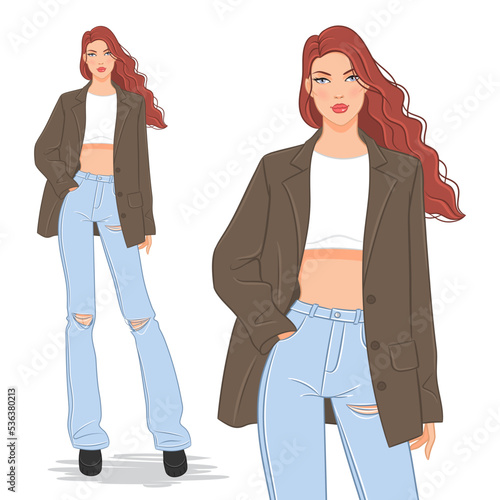 Vector fashion flat illustration of a beautiful, young, woman wearing an oversized blazer jacket and jeans pants. Fashion model posing, isolated on white background.
