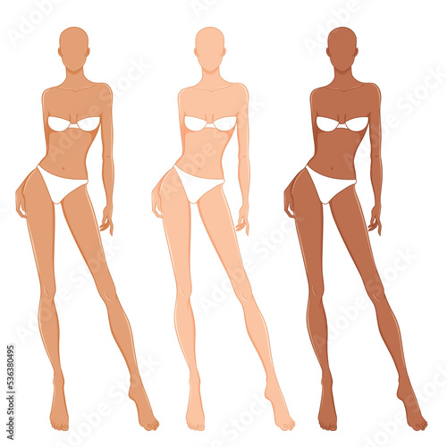 Fashion models posing, vector illustration. Woman body templates. Nine-head fashion female different skin tones colored croquis, vector set.