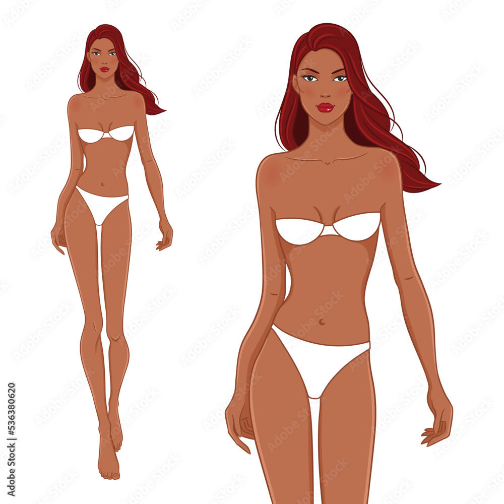 Fashion model posing, vector illustration. Woman body template. Nine-head fashion female dark skin colored croquis with face and hairstyle. Black beauty.