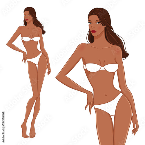 Fashion model posing, vector illustration. Woman body template. Nine-head fashion female dark skin colored croquis with face and hairstyle. Black beauty.