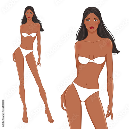 Fashion model posing, vector illustration. Woman body template. Nine-head fashion female dark skin colored croquis with face and hairstyle. Black beauty.