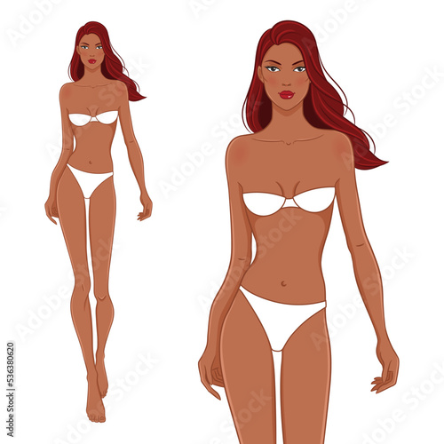 Fashion model posing, vector illustration. Woman body template. Nine-head fashion female dark skin colored croquis with face and hairstyle. Black beauty.