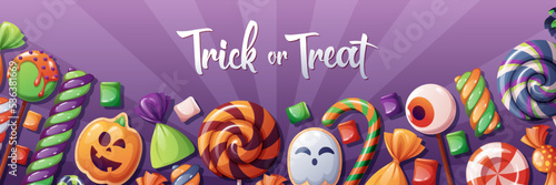 Halloween banner with cartoon holiday sweets and candies. Creepy dessert on Halloween party horizontal background. Holiday vector banner with Halloween spooky cookies treat, lollipop candy on a violet