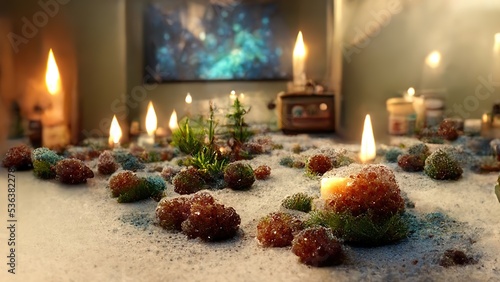 Abstract Christmas decorations from natural materials in mystical atmospheric festive evening interior.  New year background.  Ai render.