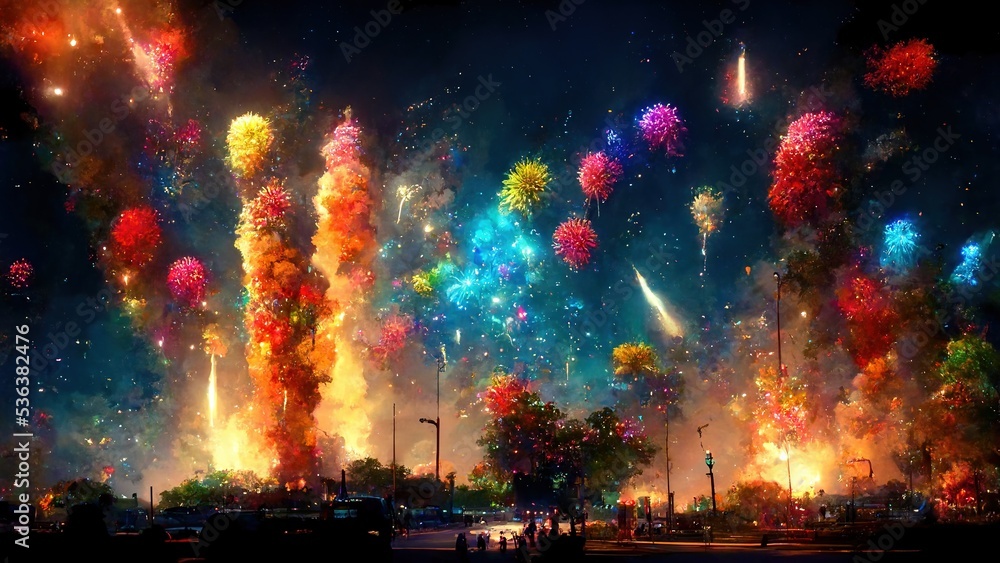 Obraz premium Realistic colorful explosion of fireworks over the night city