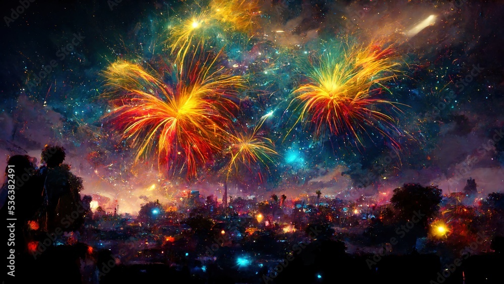 Obraz premium Realistic colorful explosion of fireworks over the night city