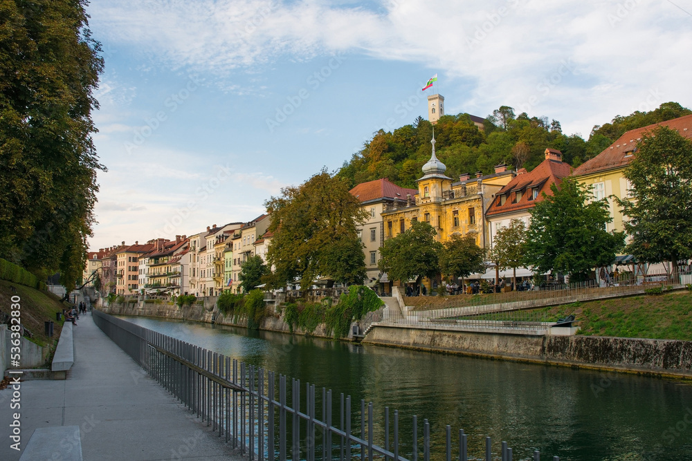 The Ljubljanici River in Ljubljana, Slovenia. The castle on Castle Hill can be seen in the background
