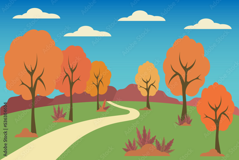 Vector illustration of panoramic view of autumn in the park  Flat Autumn landscape. Vector countryside illustratiom with woods, herbs and road

