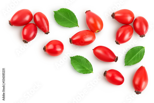 Rose hip isolated on a white background with full depth of field. Top view with copy space for your text. Flat lay.