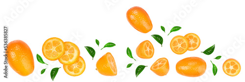 Cumquat or kumquat with slices isolated on white background with copy space for your text. Top view. Flat lay