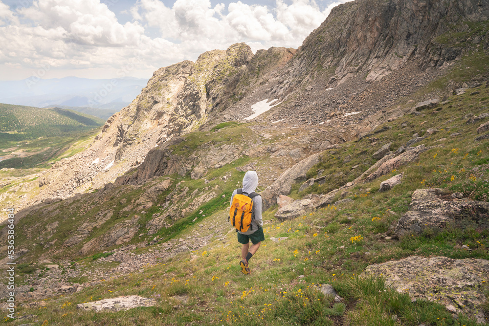 Man with Yellow Backpack Hiking to Alpine Lake with Wildflowers in Colorado Rocky Mountains