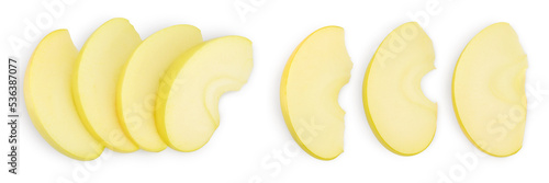 yellow apple slices isolated on white background with full depth of field. Top view. Flat lay