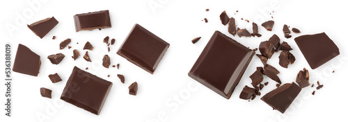 piece of chocolate isolated on white background. . Top view. Flat lay.