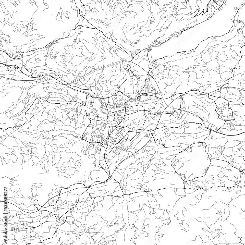 Area map of Villach Austria with white background and black roads