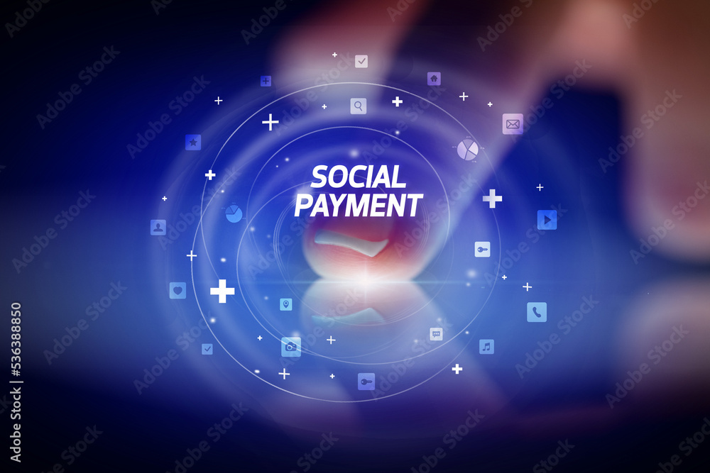 Finger touching tablet with social media icons concept Finger touching tablet with social media icons concept