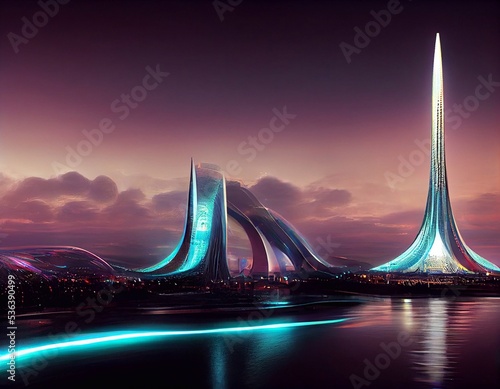 Futuristic scifi ultra modern hadid wave tower photo